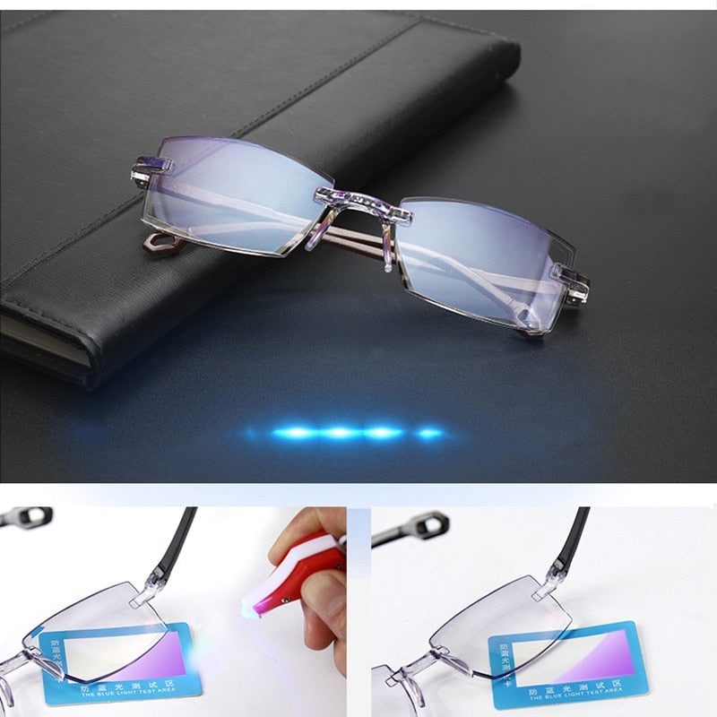 2022 New Men Women Rimless Reading Glasses Anti Blue Light Bifocal Far Near Magnification Eyewear Presbyopic Glasses +150 +200