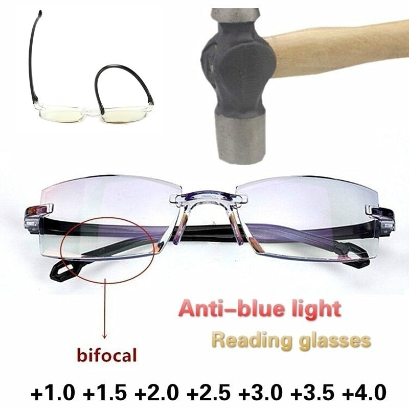 2022 New Men Women Rimless Reading Glasses Anti Blue Light Bifocal Far Near Magnification Eyewear Presbyopic Glasses +150 +200